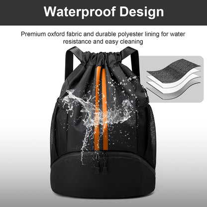 Sports Drawstring Backpack - String Swim Gym Bag with Shoes Compartment and Wet Proof Pocket for Women and Men