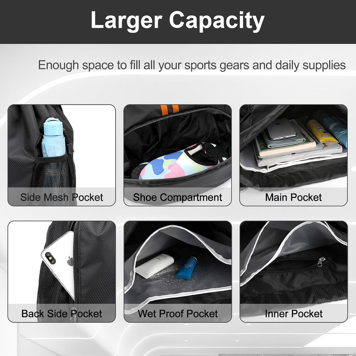 Sports Drawstring Backpack - String Swim Gym Bag with Shoes Compartment and Wet Proof Pocket for Women and Men