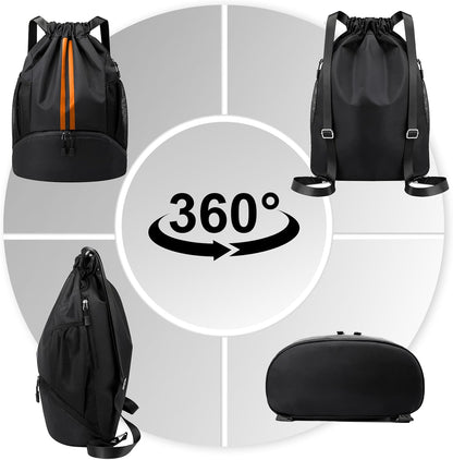 Sports Drawstring Backpack - String Swim Gym Bag with Shoes Compartment and Wet Proof Pocket for Women and Men