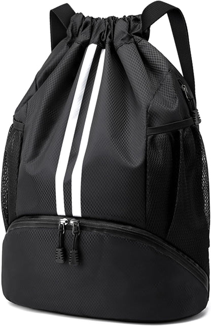 Sports Drawstring Backpack - String Swim Gym Bag with Shoes Compartment and Wet Proof Pocket for Women and Men
