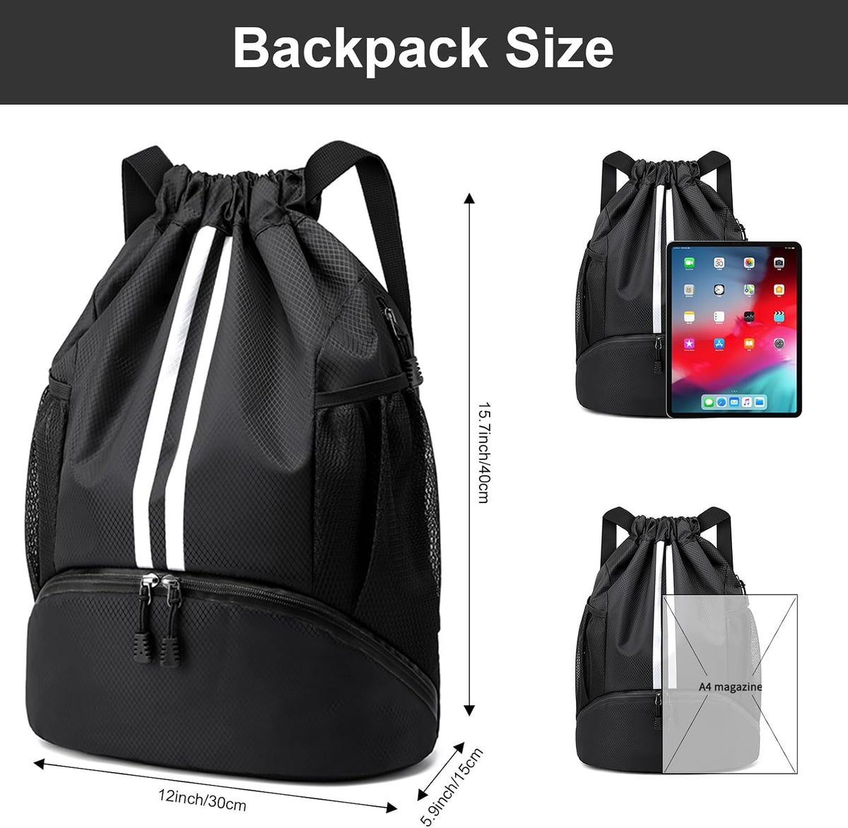 Sports Drawstring Backpack - String Swim Gym Bag with Shoes Compartment and Wet Proof Pocket for Women and Men