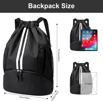 Sports Drawstring Backpack - String Swim Gym Bag with Shoes Compartment and Wet Proof Pocket for Women and Men
