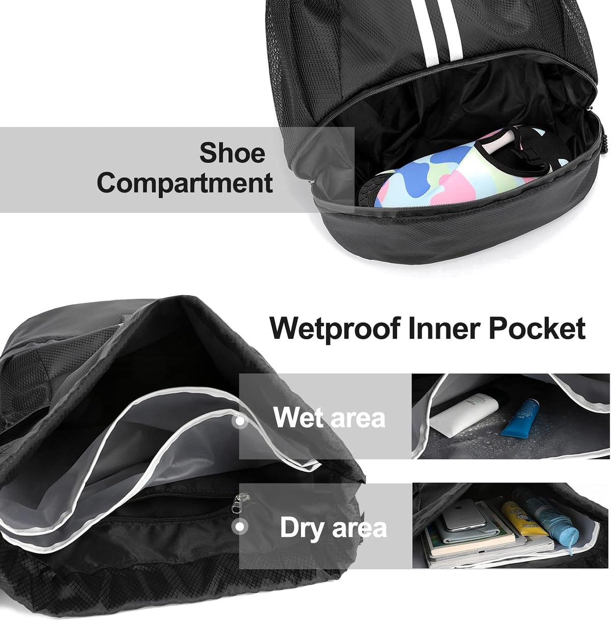Sports Drawstring Backpack - String Swim Gym Bag with Shoes Compartment and Wet Proof Pocket for Women and Men