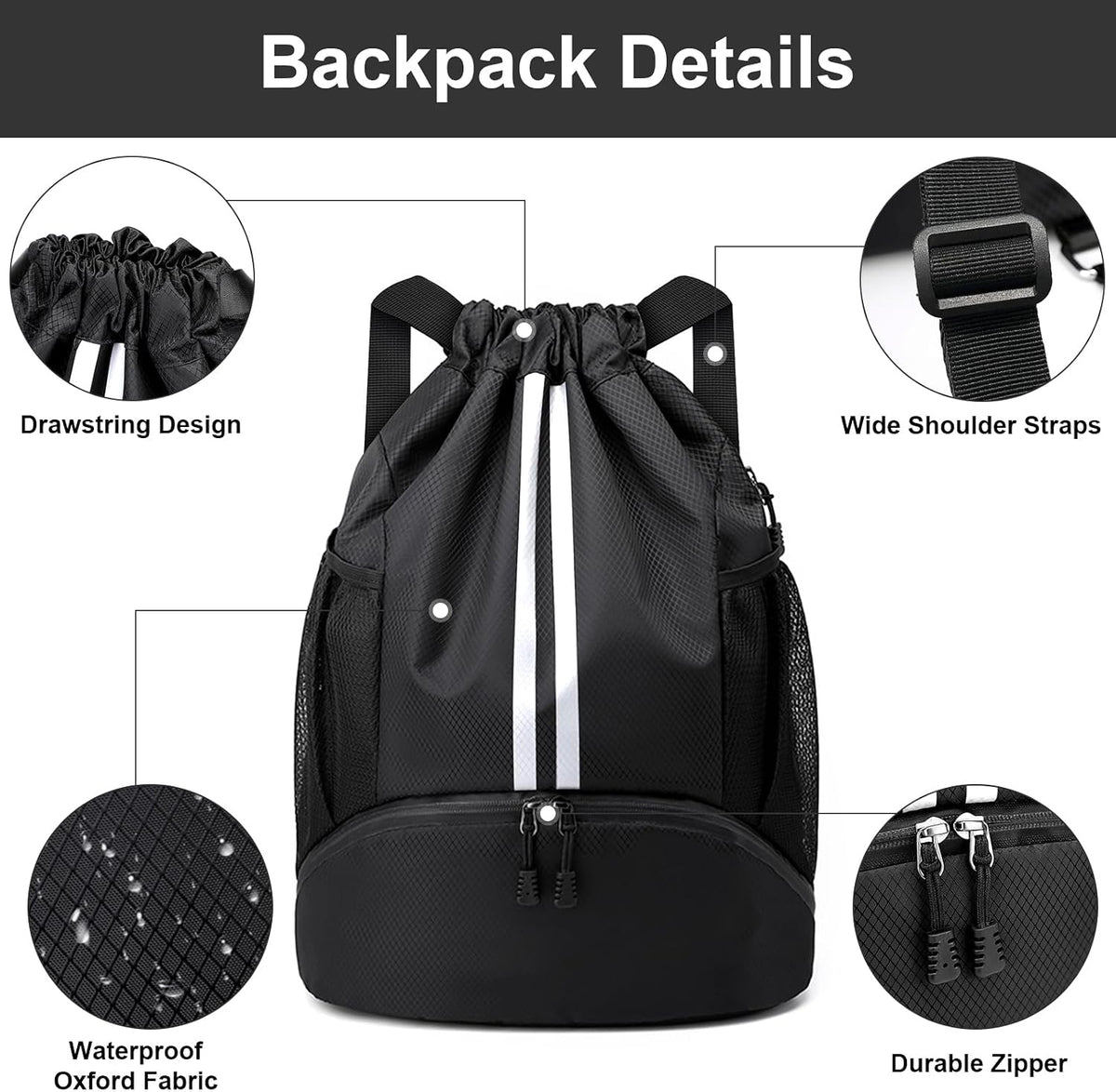 Sports Drawstring Backpack - String Swim Gym Bag with Shoes Compartment and Wet Proof Pocket for Women and Men