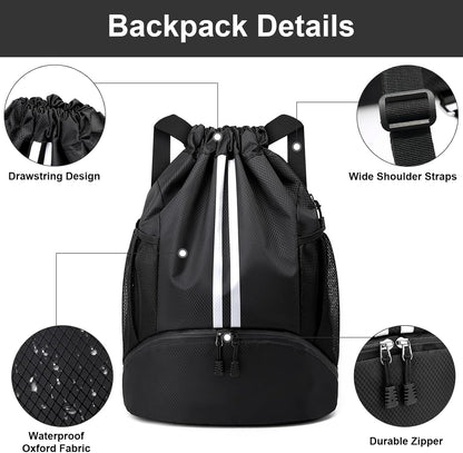 Sports Drawstring Backpack - String Swim Gym Bag with Shoes Compartment and Wet Proof Pocket for Women and Men