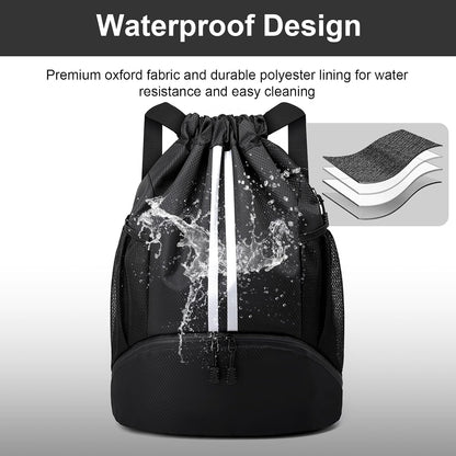 Sports Drawstring Backpack - String Swim Gym Bag with Shoes Compartment and Wet Proof Pocket for Women and Men