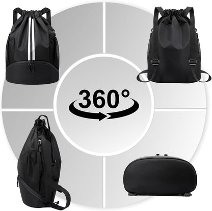 Sports Drawstring Backpack - String Swim Gym Bag with Shoes Compartment and Wet Proof Pocket for Women and Men