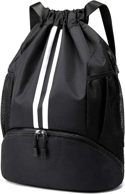Sports Drawstring Backpack - String Swim Gym Bag with Shoes Compartment and Wet Proof Pocket for Women and Men