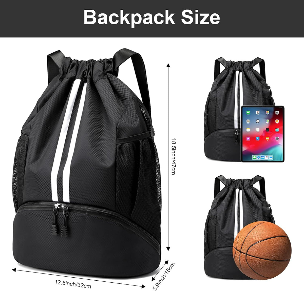 Sports Drawstring Backpack - String Swim Gym Bag with Shoes Compartment and Wet Proof Pocket for Women and Men
