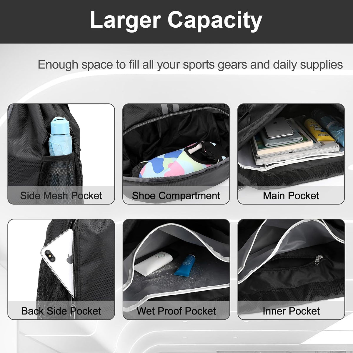 Sports Drawstring Backpack - String Swim Gym Bag with Shoes Compartment and Wet Proof Pocket for Women and Men