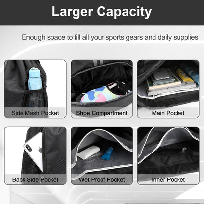 Sports Drawstring Backpack - String Swim Gym Bag with Shoes Compartment and Wet Proof Pocket for Women and Men