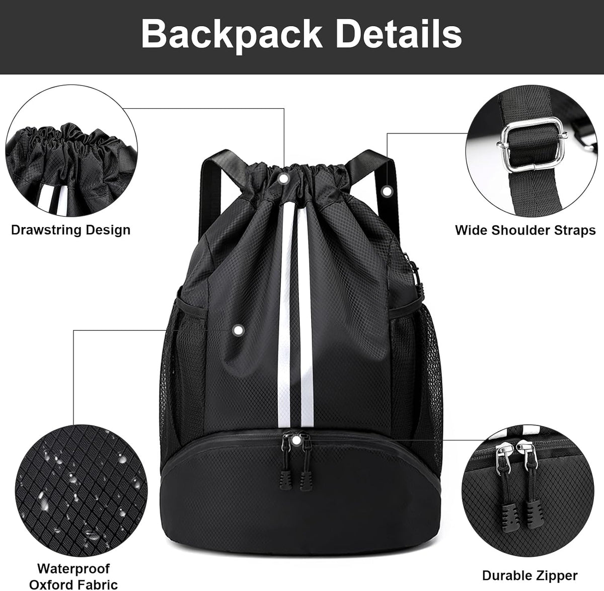 Sports Drawstring Backpack - String Swim Gym Bag with Shoes Compartment and Wet Proof Pocket for Women and Men