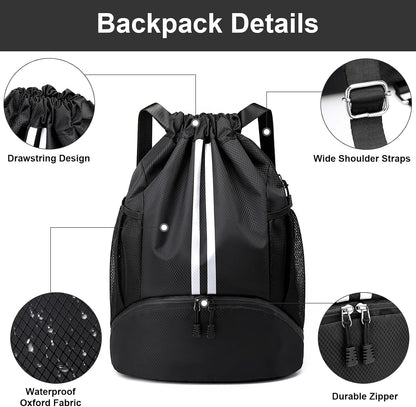 Sports Drawstring Backpack - String Swim Gym Bag with Shoes Compartment and Wet Proof Pocket for Women and Men