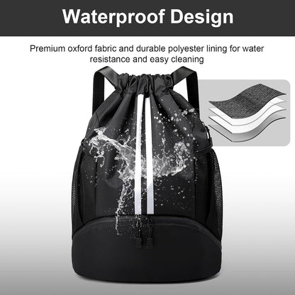 Sports Drawstring Backpack - String Swim Gym Bag with Shoes Compartment and Wet Proof Pocket for Women and Men