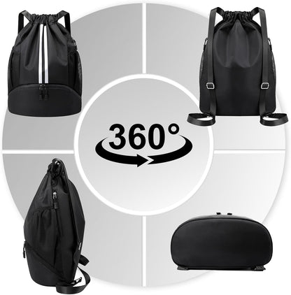 Sports Drawstring Backpack - String Swim Gym Bag with Shoes Compartment and Wet Proof Pocket for Women and Men