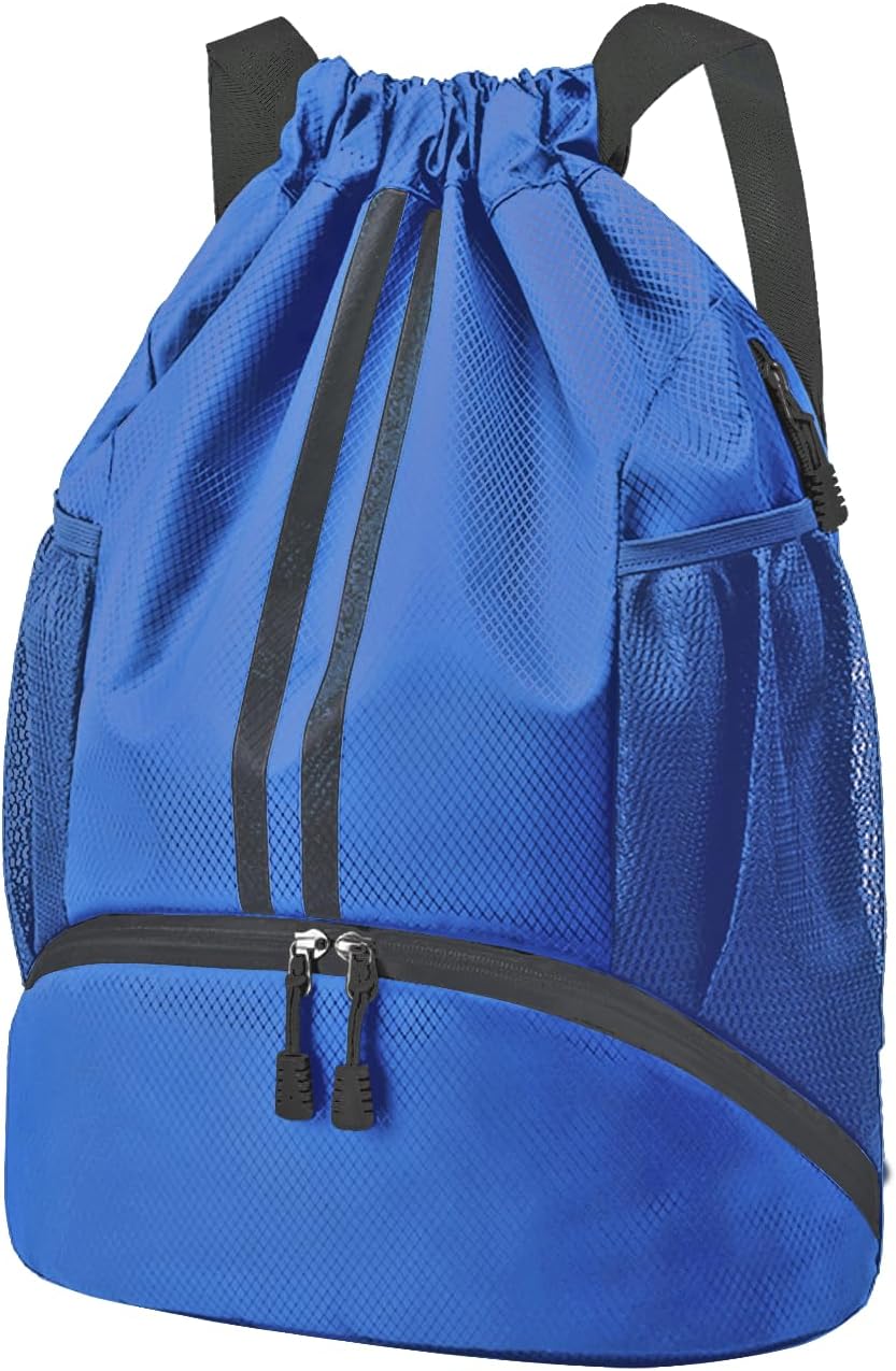 Sports Drawstring Backpack - String Swim Gym Bag with Shoes Compartment and Wet Proof Pocket for Women and Men