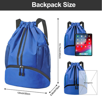 Sports Drawstring Backpack - String Swim Gym Bag with Shoes Compartment and Wet Proof Pocket for Women and Men