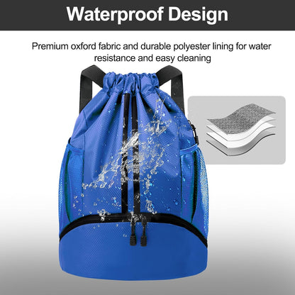 Sports Drawstring Backpack - String Swim Gym Bag with Shoes Compartment and Wet Proof Pocket for Women and Men