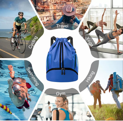 Sports Drawstring Backpack - String Swim Gym Bag with Shoes Compartment and Wet Proof Pocket for Women and Men
