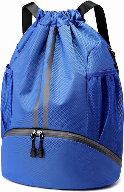 Sports Drawstring Backpack - String Swim Gym Bag with Shoes Compartment and Wet Proof Pocket for Women and Men