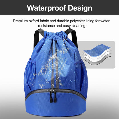 Sports Drawstring Backpack - String Swim Gym Bag with Shoes Compartment and Wet Proof Pocket for Women and Men