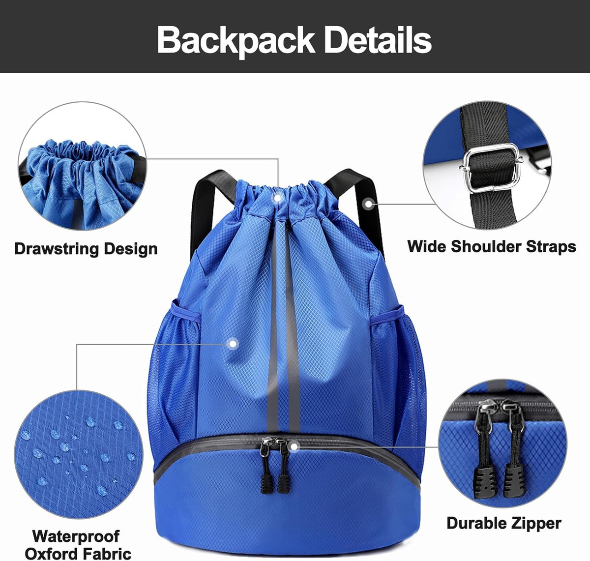 Sports Drawstring Backpack - String Swim Gym Bag with Shoes Compartment and Wet Proof Pocket for Women and Men