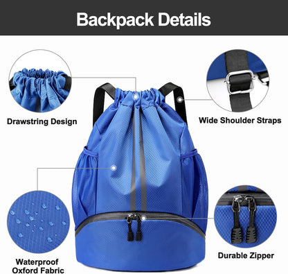 Sports Drawstring Backpack - String Swim Gym Bag with Shoes Compartment and Wet Proof Pocket for Women and Men