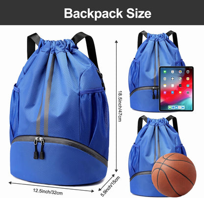 Sports Drawstring Backpack - String Swim Gym Bag with Shoes Compartment and Wet Proof Pocket for Women and Men