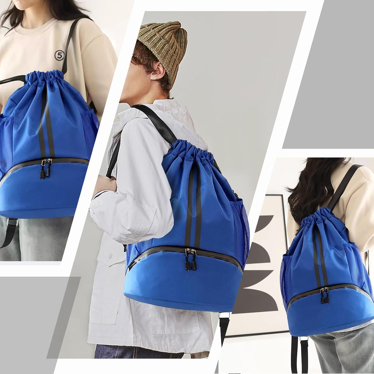 Sports Drawstring Backpack - String Swim Gym Bag with Shoes Compartment and Wet Proof Pocket for Women and Men