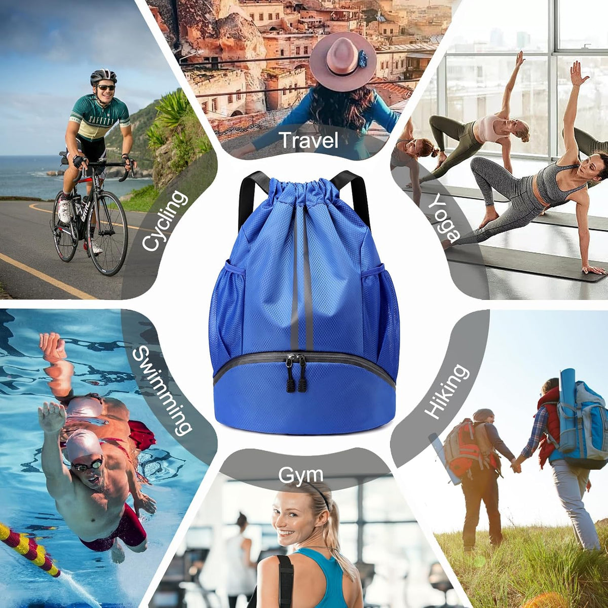 Sports Drawstring Backpack - String Swim Gym Bag with Shoes Compartment and Wet Proof Pocket for Women and Men