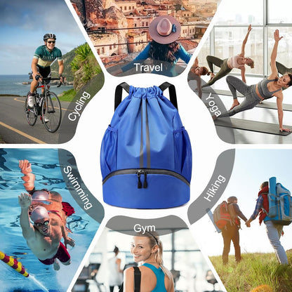 Sports Drawstring Backpack - String Swim Gym Bag with Shoes Compartment and Wet Proof Pocket for Women and Men