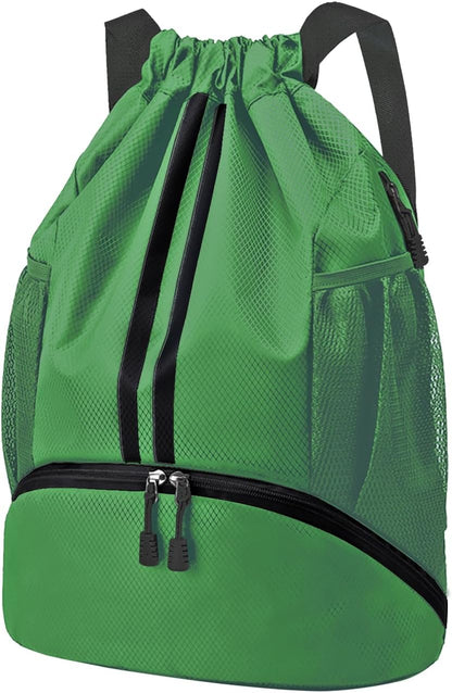 Sports Drawstring Backpack - String Swim Gym Bag with Shoes Compartment and Wet Proof Pocket for Women and Men