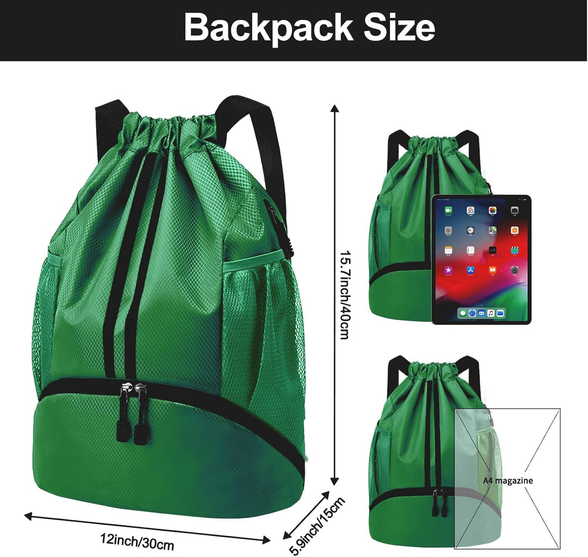 Sports Drawstring Backpack - String Swim Gym Bag with Shoes Compartment and Wet Proof Pocket for Women and Men
