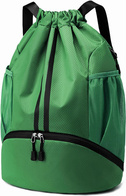 Sports Drawstring Backpack - String Swim Gym Bag with Shoes Compartment and Wet Proof Pocket for Women and Men