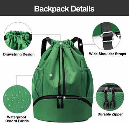 Sports Drawstring Backpack - String Swim Gym Bag with Shoes Compartment and Wet Proof Pocket for Women and Men