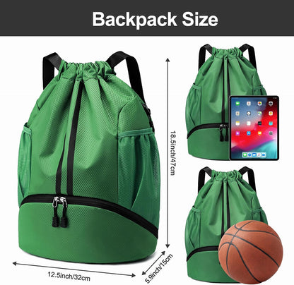 Sports Drawstring Backpack - String Swim Gym Bag with Shoes Compartment and Wet Proof Pocket for Women and Men