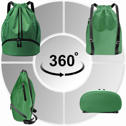 Sports Drawstring Backpack - String Swim Gym Bag with Shoes Compartment and Wet Proof Pocket for Women and Men