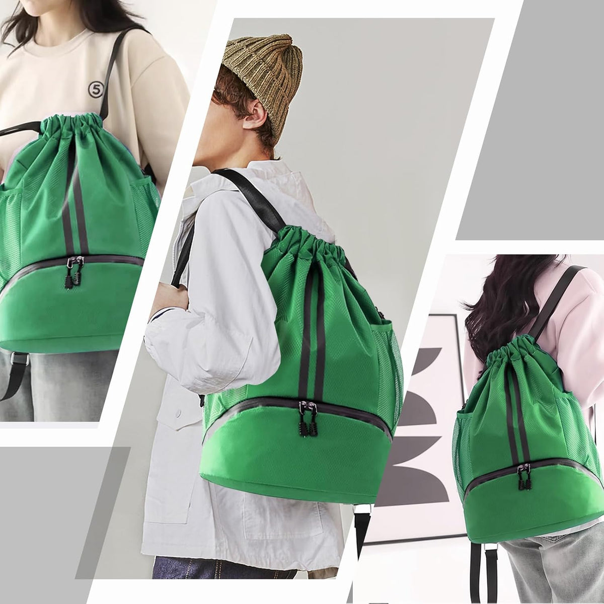 Sports Drawstring Backpack - String Swim Gym Bag with Shoes Compartment and Wet Proof Pocket for Women and Men