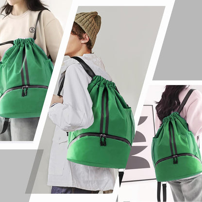Sports Drawstring Backpack - String Swim Gym Bag with Shoes Compartment and Wet Proof Pocket for Women and Men