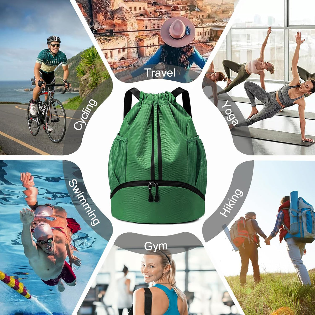 Sports Drawstring Backpack - String Swim Gym Bag with Shoes Compartment and Wet Proof Pocket for Women and Men