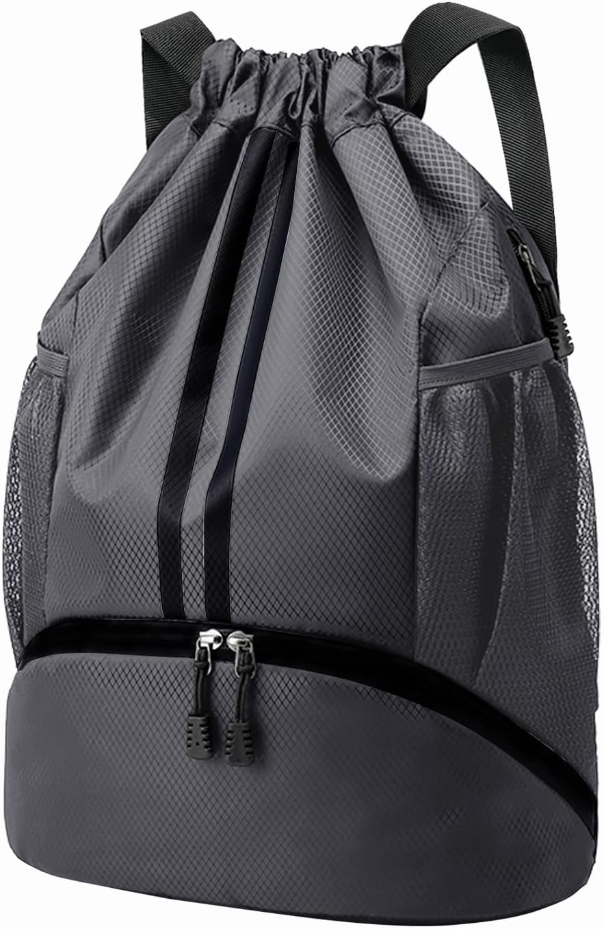 Sports Drawstring Backpack - String Swim Gym Bag with Shoes Compartment and Wet Proof Pocket for Women and Men