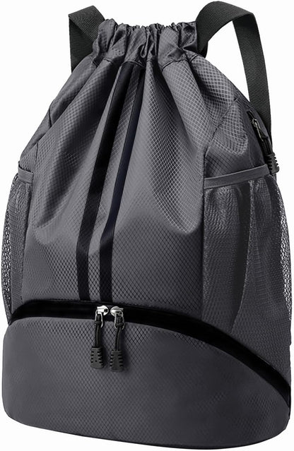 Sports Drawstring Backpack - String Swim Gym Bag with Shoes Compartment and Wet Proof Pocket for Women and Men