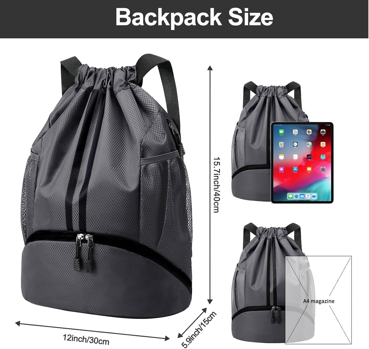 Sports Drawstring Backpack - String Swim Gym Bag with Shoes Compartment and Wet Proof Pocket for Women and Men