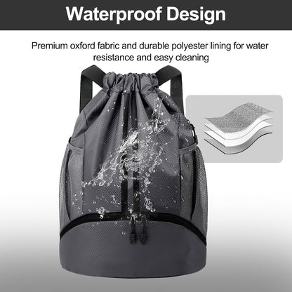 Sports Drawstring Backpack - String Swim Gym Bag with Shoes Compartment and Wet Proof Pocket for Women and Men