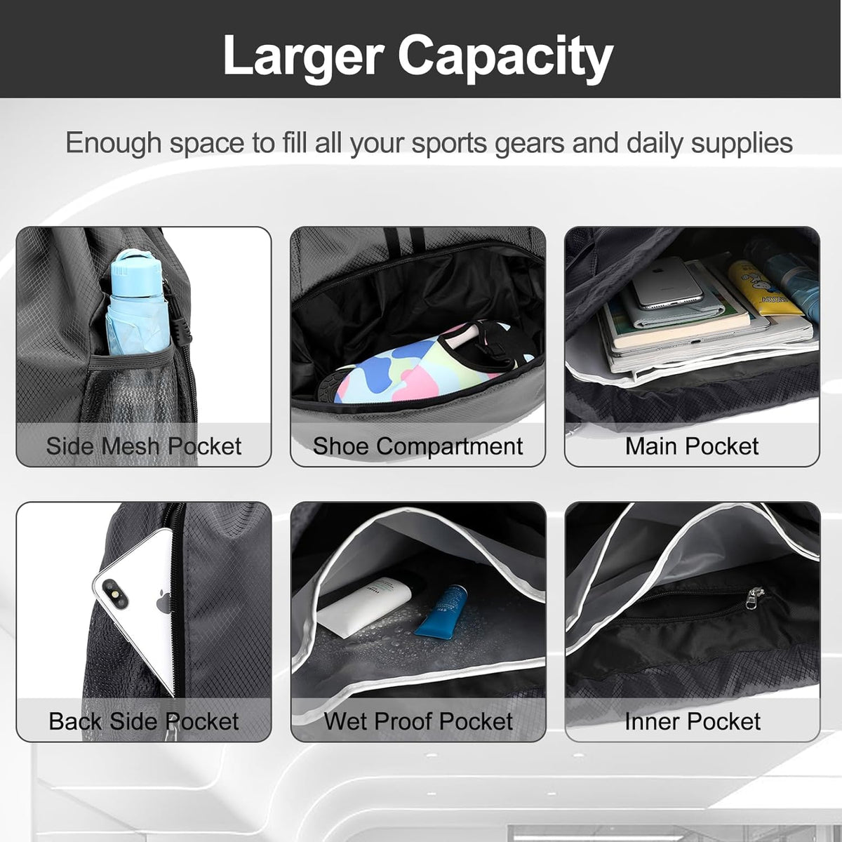 Sports Drawstring Backpack - String Swim Gym Bag with Shoes Compartment and Wet Proof Pocket for Women and Men
