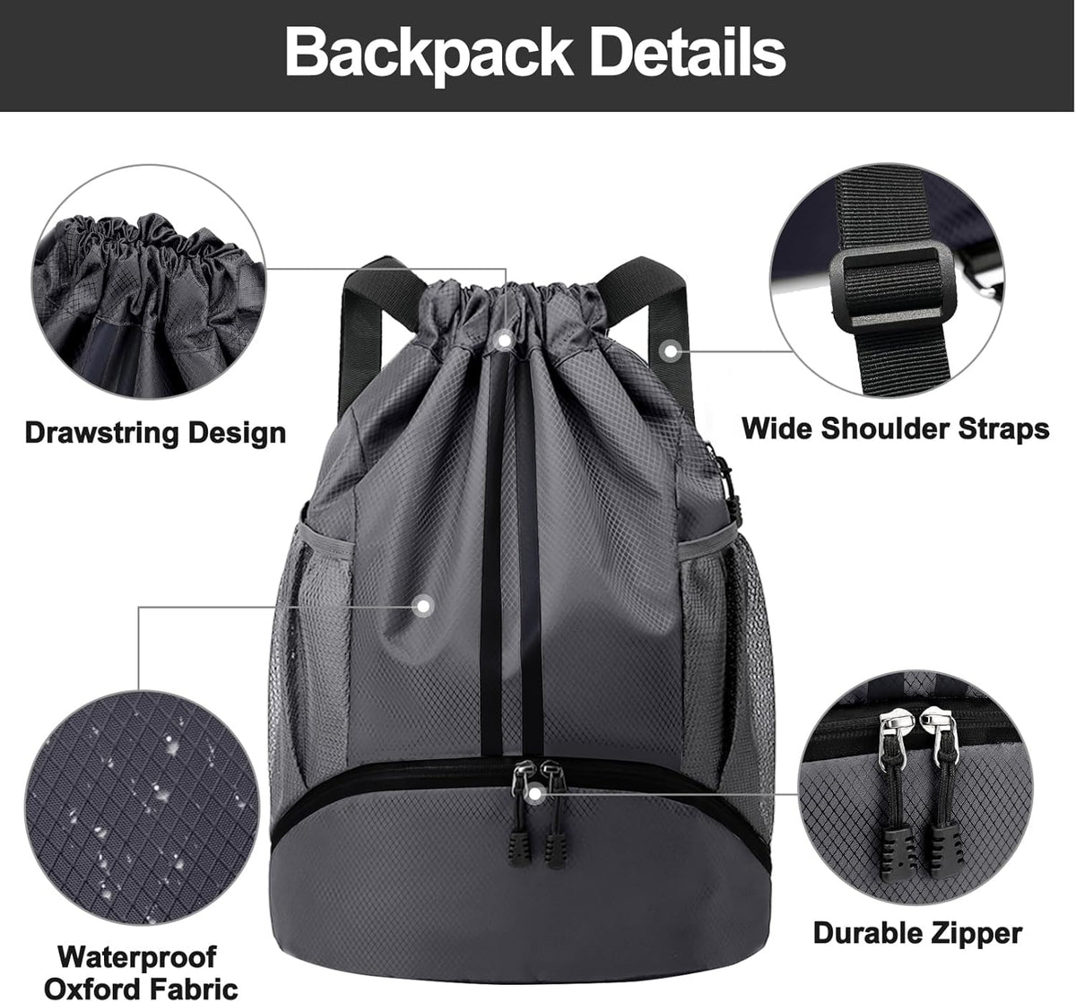 Sports Drawstring Backpack - String Swim Gym Bag with Shoes Compartment and Wet Proof Pocket for Women and Men