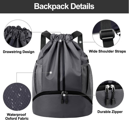 Sports Drawstring Backpack - String Swim Gym Bag with Shoes Compartment and Wet Proof Pocket for Women and Men