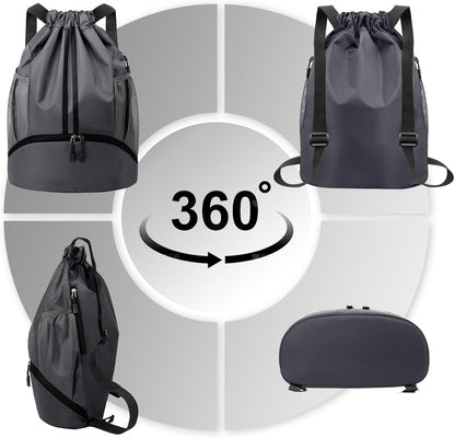 Sports Drawstring Backpack - String Swim Gym Bag with Shoes Compartment and Wet Proof Pocket for Women and Men