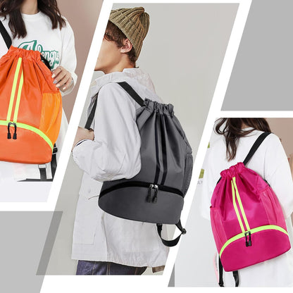 Sports Drawstring Backpack - String Swim Gym Bag with Shoes Compartment and Wet Proof Pocket for Women and Men