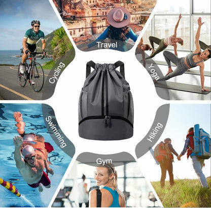 Sports Drawstring Backpack - String Swim Gym Bag with Shoes Compartment and Wet Proof Pocket for Women and Men